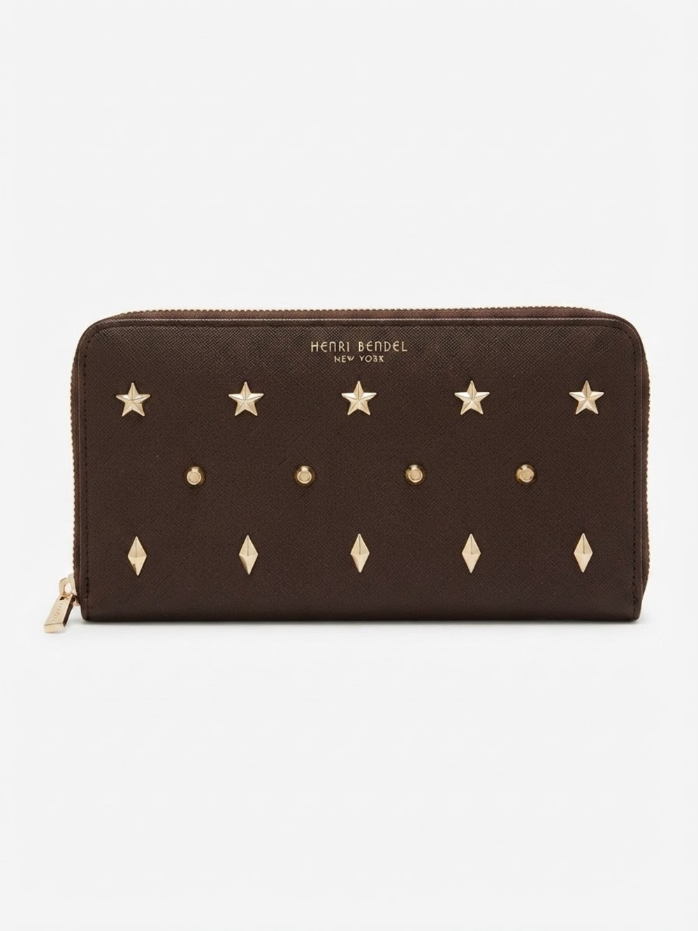 Henri Bendel Espresso Brown Saffiano Stars & Studs Zip-Around Wallet